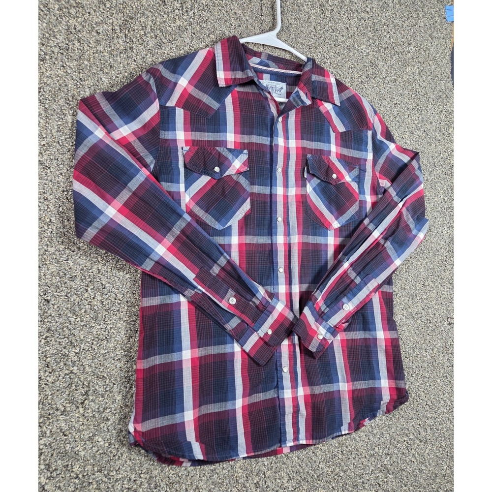Levi Strauss Pearl Snap Shirt Mens M Red Plaid Western Cotton Blend Casual 0386 - Picture 3 of 9